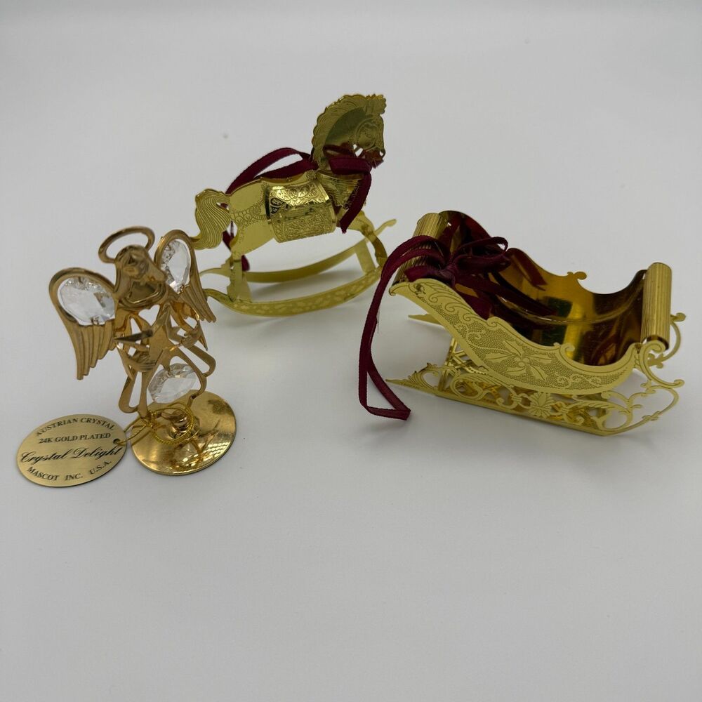 Vtg 24K Gold Plated Austrian Crystal Angel & Midwest Brass Ornament Set